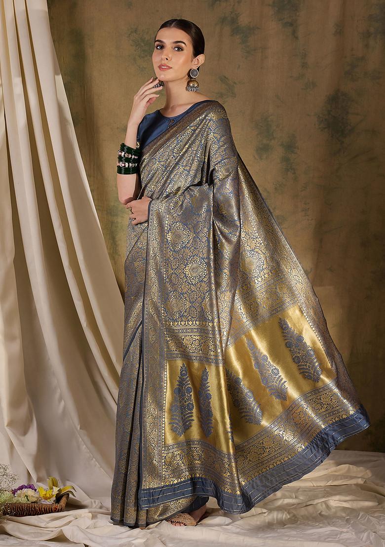 Grey Woven Boota Jaal Work Banarasi Silk Saree Set