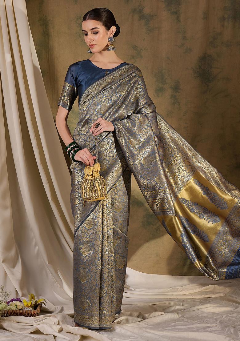 Grey Woven Boota Jaal Work Banarasi Silk Saree Set