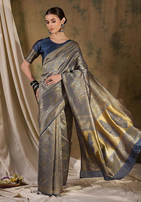 Grey Woven Boota Jaal Work Banarasi Silk Saree Set