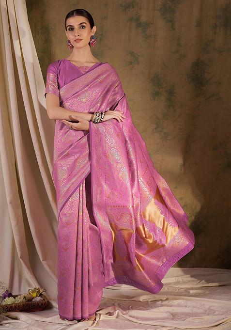 Baby Pink Woven Boota Jaal Work Banarasi Silk Saree Set