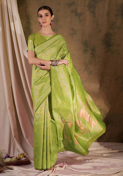 Pista Green Woven Boota Jaal Work Banarasi Silk Saree Set