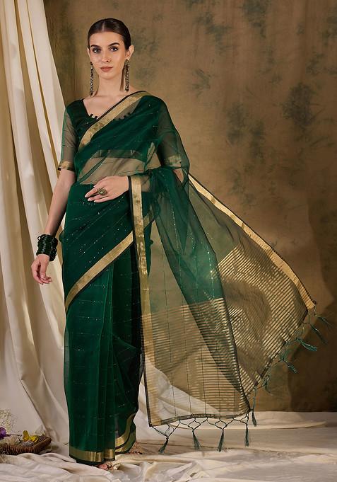 Green Woven Sequin Work Organza Silk Saree Set