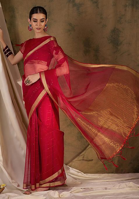 Red Woven Sequin Work Organza Silk Saree Set