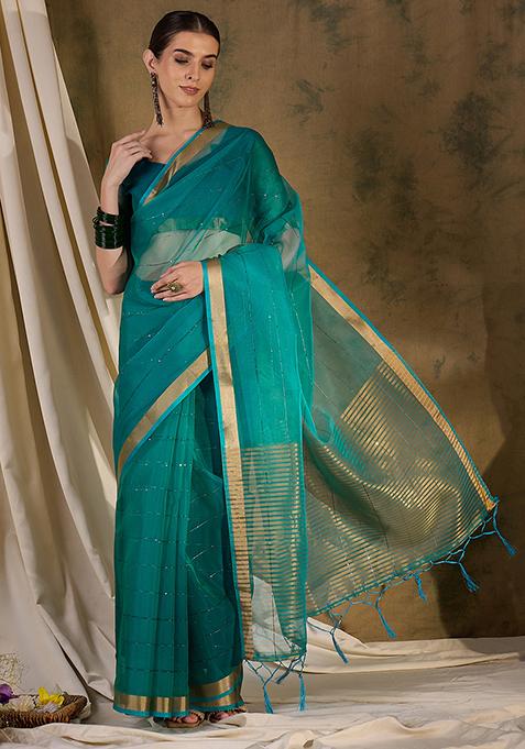 Teal Woven Sequin Work Organza Silk Saree Set