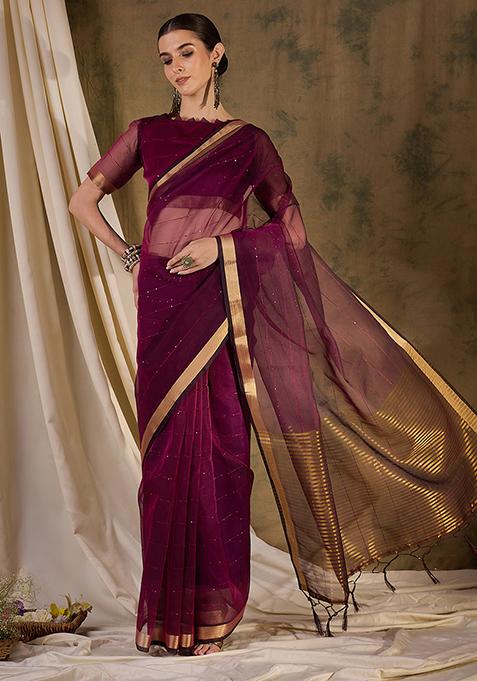 Wine Woven Sequin Work Organza Silk Saree Set