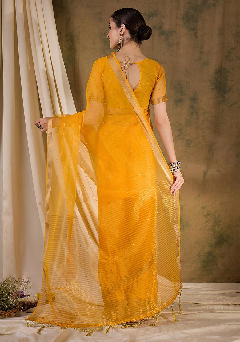 Yellow Woven Sequin Work Organza Silk Saree Set