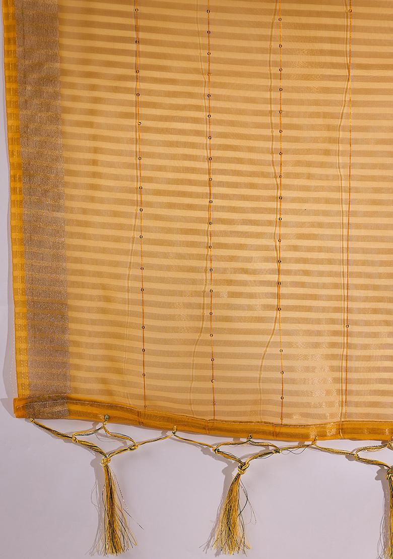 Yellow Woven Sequin Work Organza Silk Saree Set