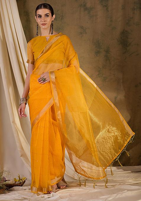 Yellow Woven Sequin Work Organza Silk Saree Set