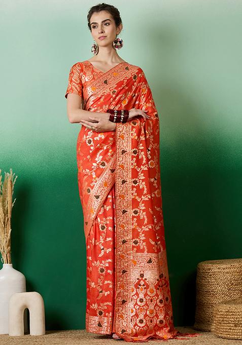 Orange Woven Work Dola Jacquard Saree Set