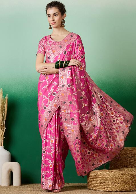 Pink Woven Work Dola Jacquard Saree Set