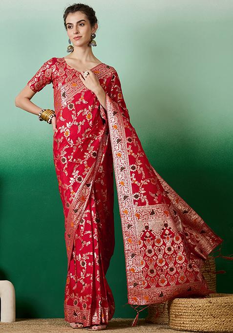 Red Woven Work Dola Jacquard Saree Set