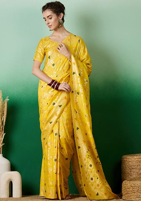 Yellow Woven Work Dola Jacquard Saree Set