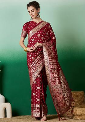 Maroon Zari Woven Work Dola Jacquard Saree Set