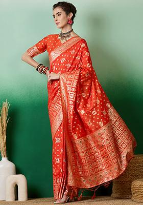 Orange Zari Woven Work Dola Jacquard Saree Set