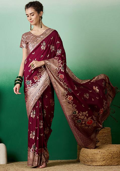 Burgundy Woven Work Dola Jacquard Saree Set