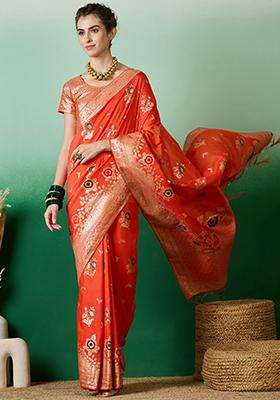 Orange Woven Work Dola Jacquard Saree Set