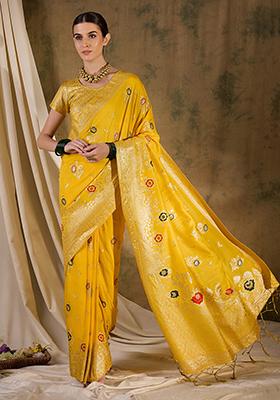 Yellow Woven Work Dola Jacquard Saree Set
