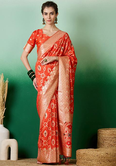 Orange Zari Woven Work Dola Jacquard Saree Set