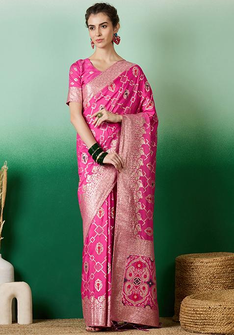 Pink Zari Woven Work Dola Jacquard Saree Set