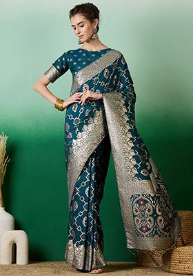 Teal Zari Woven Work Dola Jacquard Saree Set