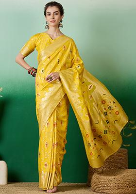 Yellow Zari Woven Work Dola Jacquard Saree Set
