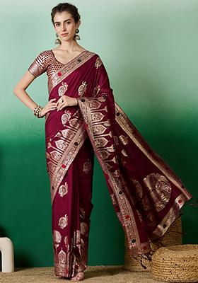 Maroon Zari Woven Work Dola Jacquard Saree Set
