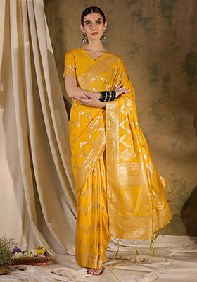 Mustard Yellow Zari Woven Work Dola Jacquard Saree Set