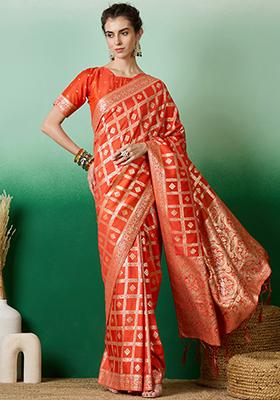 Orange Woven Work Dola Jacquard Saree Set