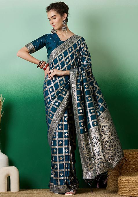 Teal Blue Woven Work Dola Jacquard Saree Set