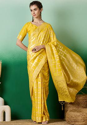 Yellow Woven Work Staple Dola Jacquard Saree Set