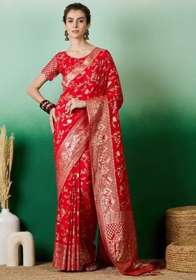 Red Woven Work Staple Dola Jacquard Saree Set