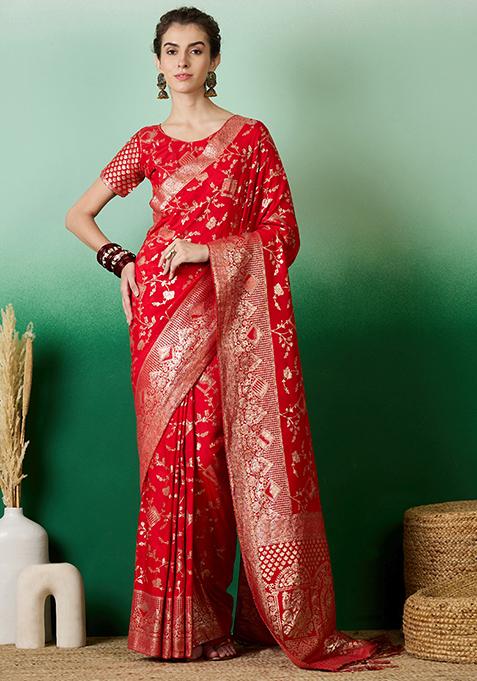 Red Woven Work Staple Dola Jacquard Saree Set