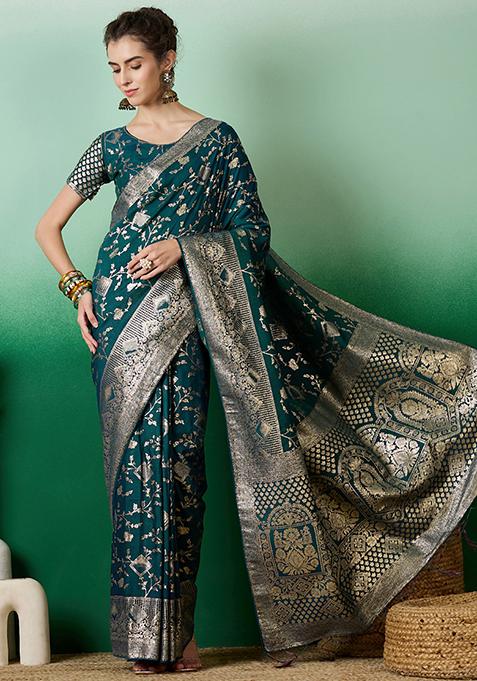 Teal Woven Work Dola Jacquard Saree Set