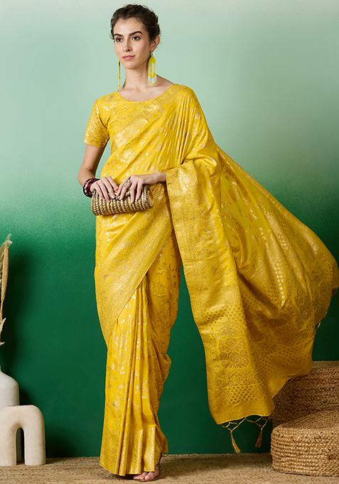 Yellow Zari Woven Work Staple Dola Jacquard Saree Set