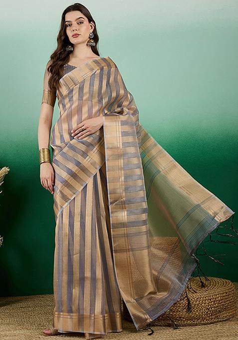 Grey Woven Sequin Work Khadi Organza Saree Set