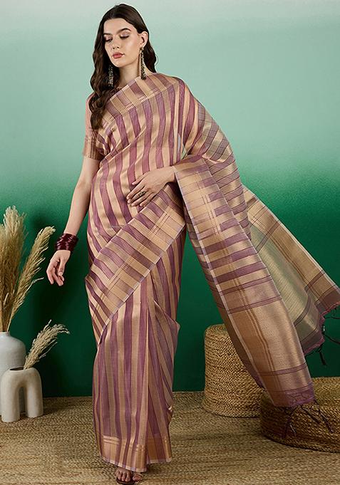 Rust Woven Sequin Work Khadi Organza Saree Set