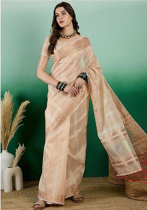 Beige Woven Sequin Work Khadi Organza Saree Set