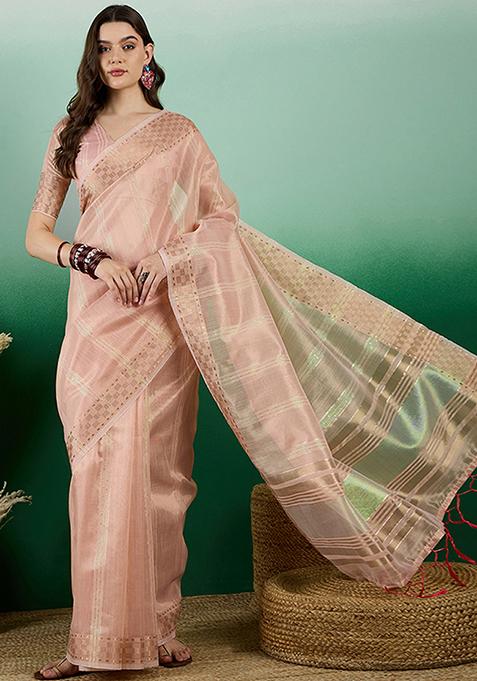 Peach Woven Sequin Work Khadi Organza Saree Set