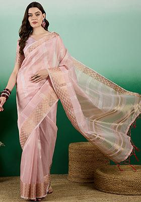Pink Woven Sequin Work Khadi Organza Saree Set