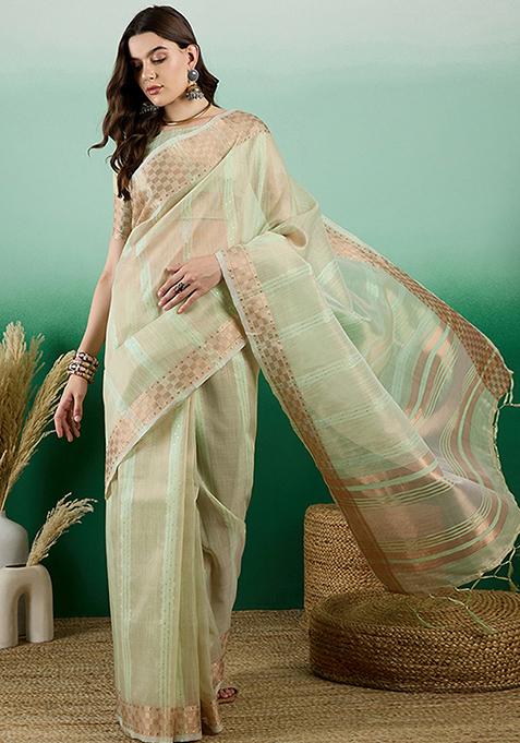 Pista Green Woven Sequin Work Khadi Organza Saree Set