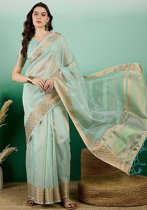 Sea Green Woven Sequin Work Khadi Organza Saree Set