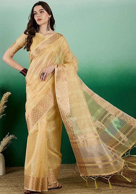 Yellow Woven Sequin Work Khadi Organza Saree Set