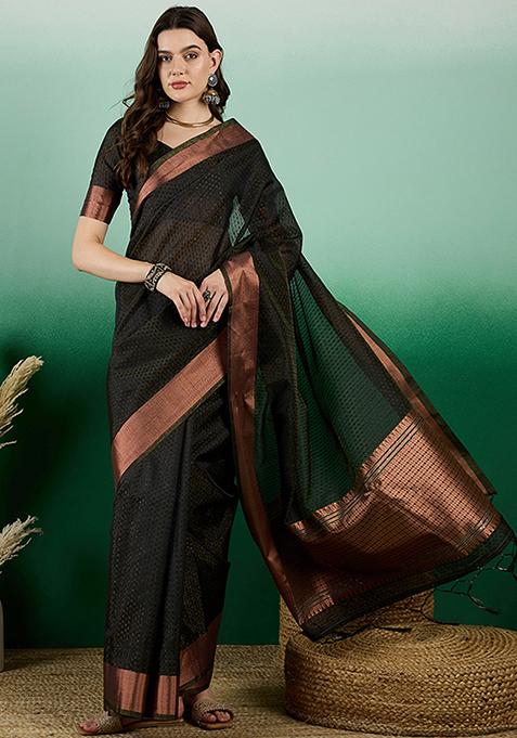 Black Woven Sequin Work Khadi Organza Saree Set