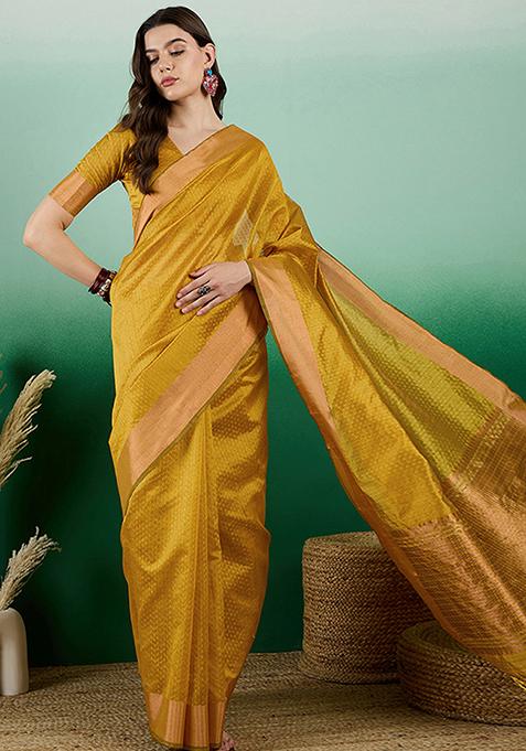 Golden Woven Sequin Work Khadi Organza Saree Set