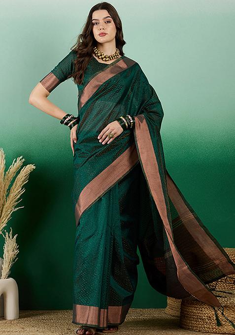 Green Zari Woven Sequin Work Khadi Organza Saree Set