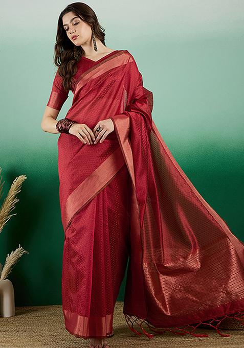 Red Woven Sequin Work Khadi Organza Saree Set