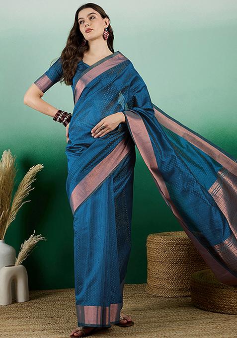 Teal Zari Woven Sequin Work Khadi Organza Saree Set