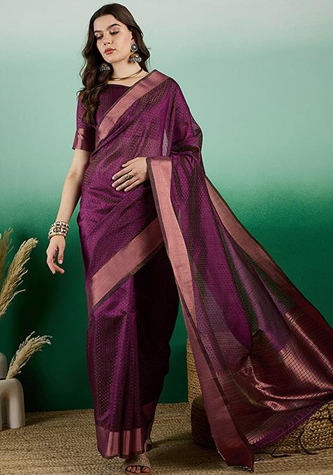 Wine Woven Sequin Work Khadi Organza Saree Set