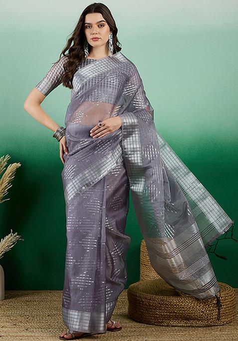 Grey Zari Woven Sequin Work Khadi Organza Saree Set