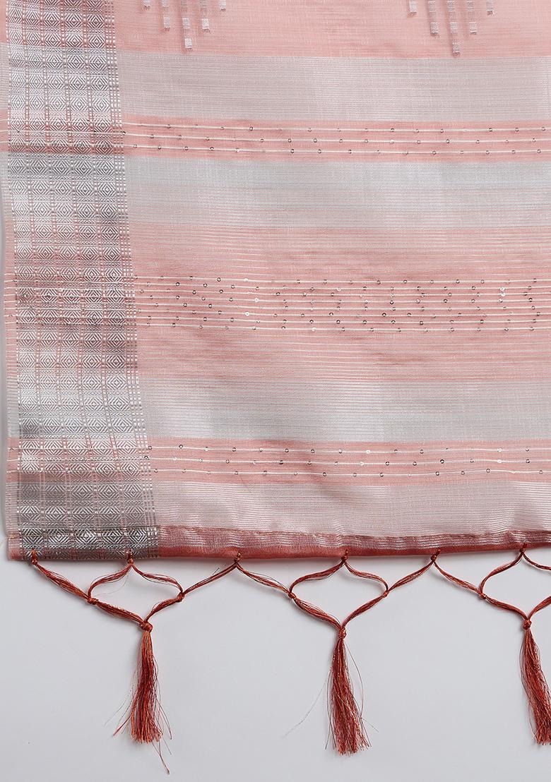 Orange Woven Sequin Work Khadi Organza Saree Set - Indya